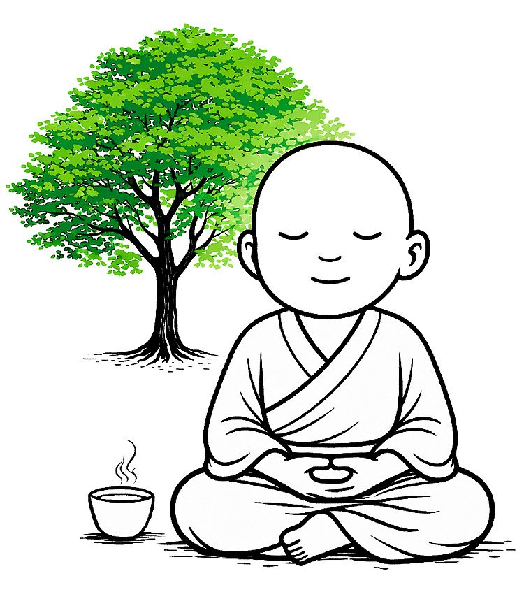 lineart van een monnikje, dat vriendelijk hun hand opsteekt naar een geel rode vlinder